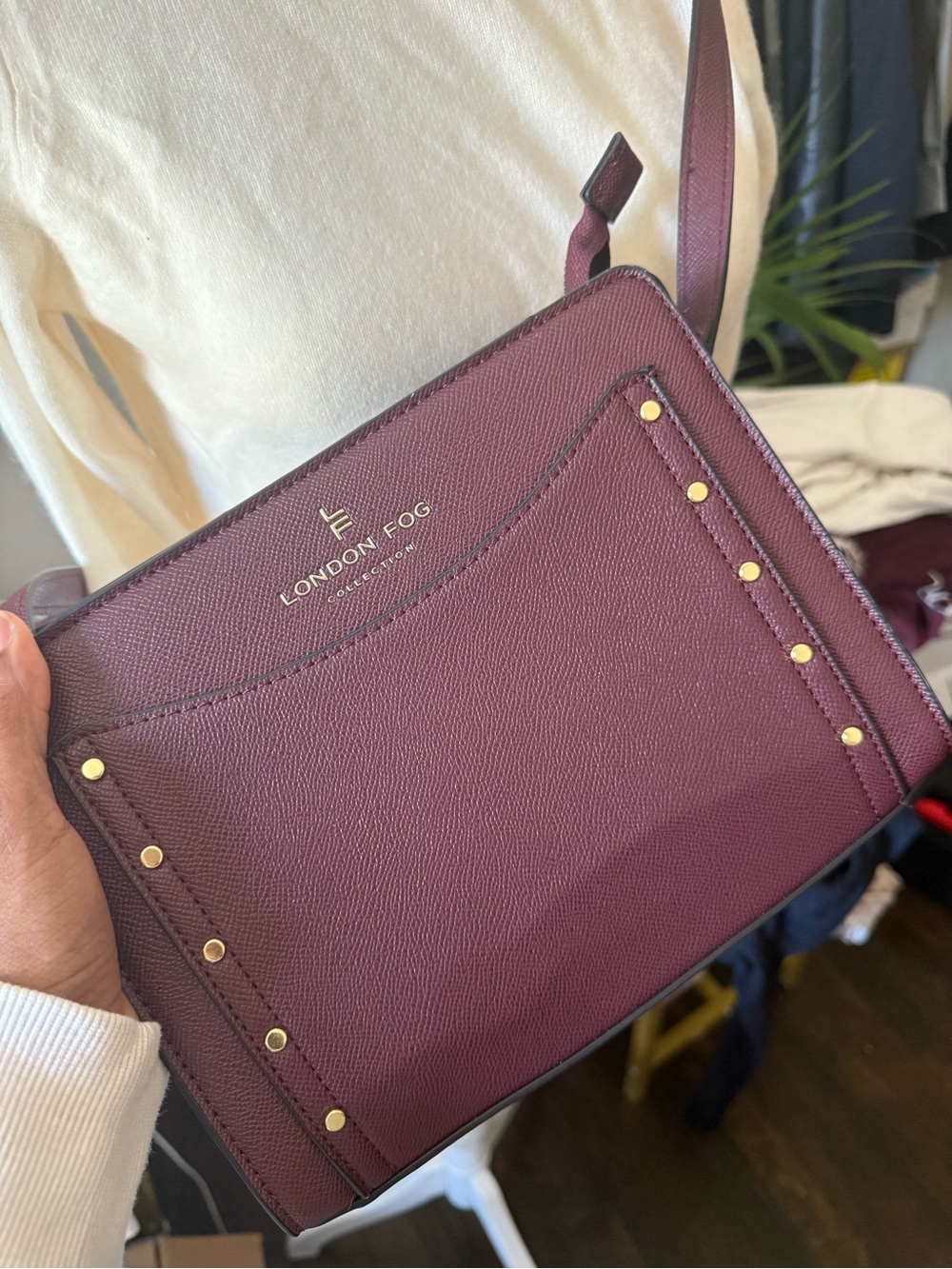 London Fog Plum Pebble-Texture Crossbody with Gold Studs